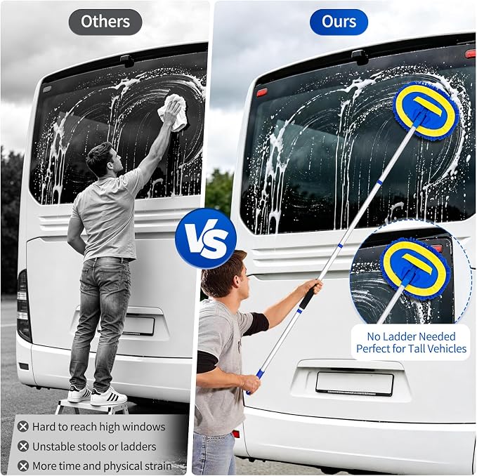 62" Car Wash Brush kit with Long Handle & 3 Scratch-Free Refill Mitt | Chenille Microfiber Car Washing Mop Head, Car Wash Stick, Car Brush Clean Kit, Car Cleaning Supplies for RV Truck Boat, Blue