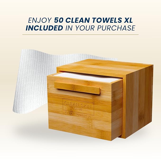 Clean Skin Club Luxe Bamboo container with pullout drawer includes Clean Towels® Original XL 50 Count, Disposable Face Towel Holder for Bathroom Counter