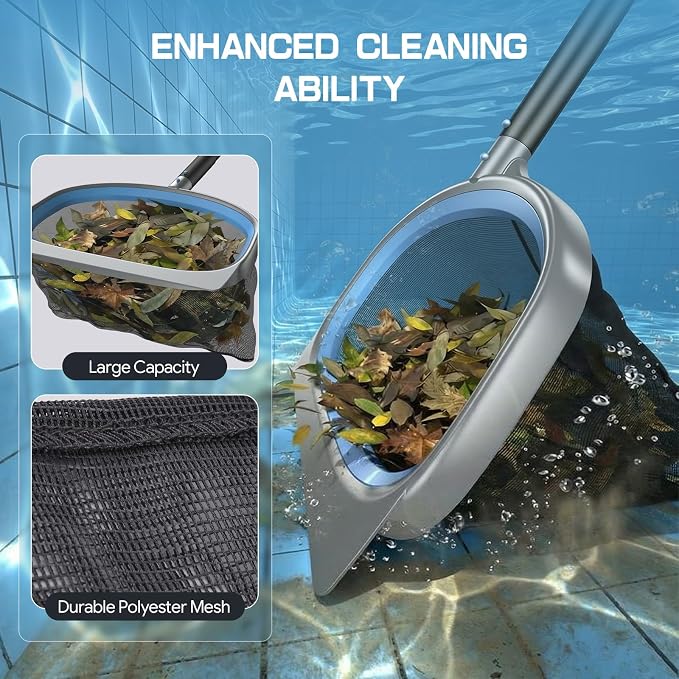 UIRWAY 4-in-1 Deluxe Swimming Pool Cleaning Kit - Includes Detachable Pool Brush, Heavy Duty Deep Leaf Skimmer Net, Fine Mesh Net, Extendable Aluminum Pole for Inground & Above Ground Pools Cleaning