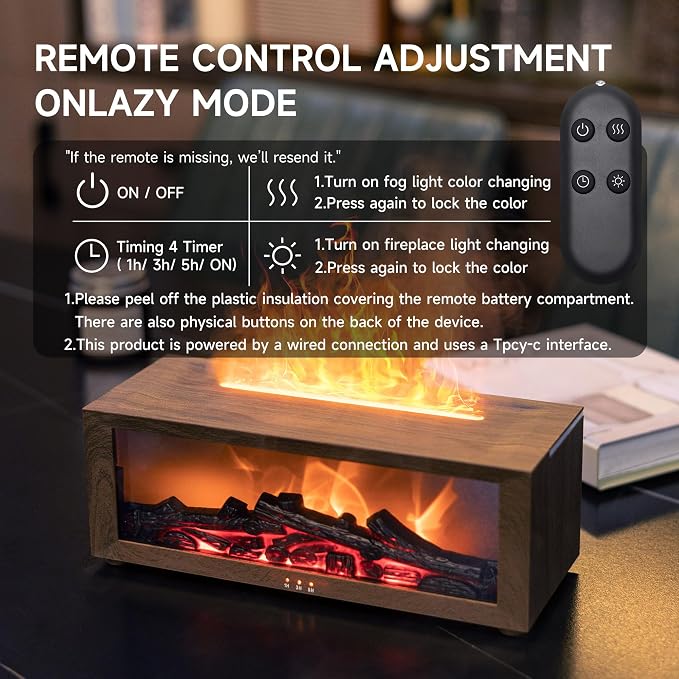 TMEHM Fireplace Flame Essential Oil Diffuser Humidifier, Aromatherapy | Ultrasonic Mist with 7 Colors and Timer for Home, Bedroom, Office, and Yoga