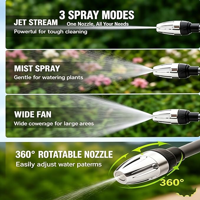 High Pressure Hose Nozzle, High Pressure Water Gun with 360 ° Rotating Spray, Multi Function Pressure Washer Nozzle, 3/4 Inch Connector with 4 Sealing Rings for Yard, Car and Pet Cleaning