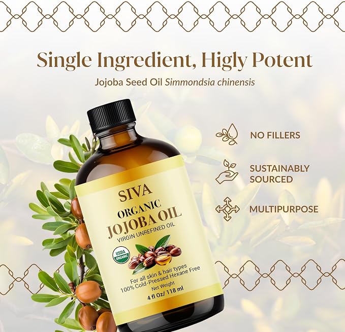SIVA ORGANICS Jojoba Carrier Oil with Dropper, 4 Fl Oz (118 ml) | Jojoba Oil for Skin Care, Facial Oil, Hair Care, Scalp Massage, Nail Care, Body Massage & DIY Beauty Blends, Glass Bottle