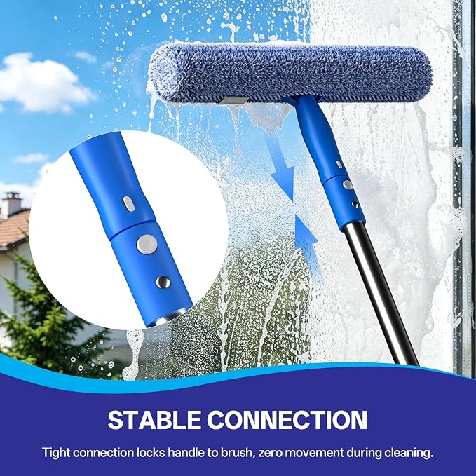 Professional Window Glass Cleaning Kit with 14" Window Squeegee & 15" Scrubber, 3 Gallon Collapsible Bucket, 76 Inch Spliced Pole Complete Glass Washing Tools for Indoor Outdoor Home Car Cleaning