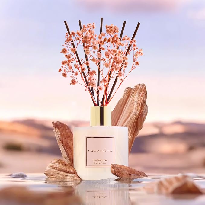 Premium Reed Diffuser Set with Preserved Baby's Breath & Cotton Stick Sandalwood Rose | 6.7oz Scent Fragrance Oil Diffuser for Bedroom Bathroom Home Décor
