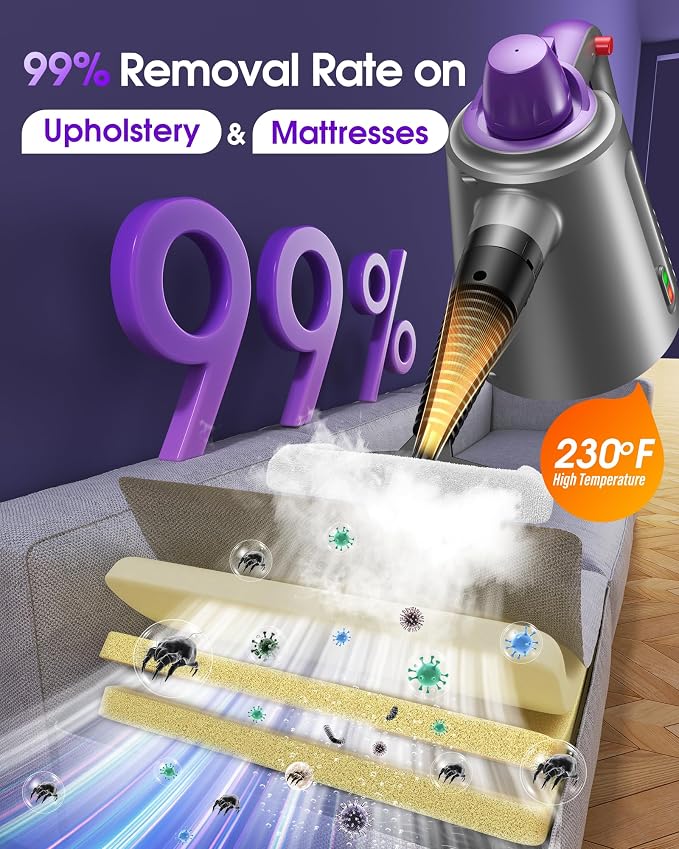 Handheld Steam Cleaner for Home, Steamer for Cleaning Purple | Upholstery Bed Furniture Couch Carpet Car Pressurized Multi Purpose 14 Accessories & Safety Lock, Small Container for Grease