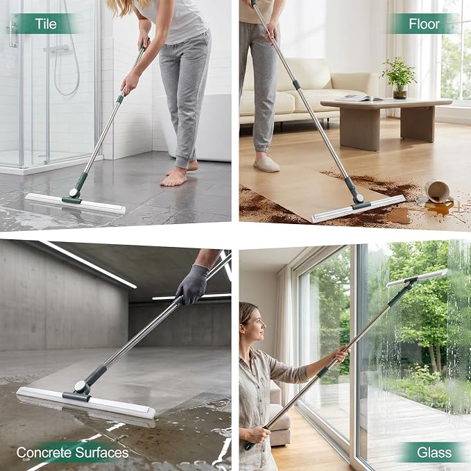 29"-49" Telescopic Pole Floor Squeegee for Concrete Floor | 17.7" Wide floor Squeegee with Detachable Stiff Brush, Large Squeegee Broom for Tile Floor, Garage, Swimming Pool, Bathroom