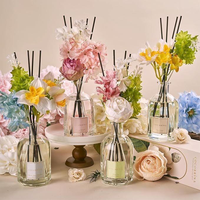 Reed Diffuser - Cherry Blossom 8.5 Fl.oz Flower Diffuser with 8 Sticks, Reed Diffusers for Home Bathroom Shelf Decor