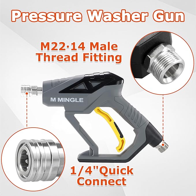 M MINGLE Pressure Washer Gun with Mini Undiluted Foam Cannon, 1/4" QC | Dual Connector Accessory, Undiluted Foam Blaster with 5 Nozzle Tips, M22 Adapter, Ideal for Car Wash, Patio & Deck Cleaning