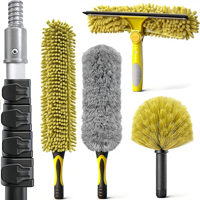 5-in-1 20Ft 4-Stage Telescoping Extension Pole Kit for Cleaning | Feather Dusters with Bristles for Outdoor Indoor, 4-Stage Spider Web Remover with Telescopic Pole for Ceiling Wall Yellow
