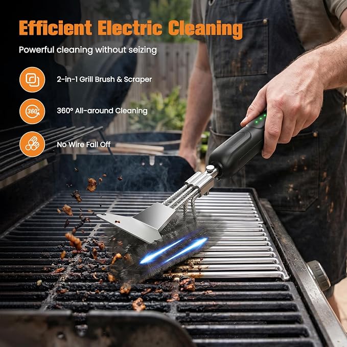 Electric Grill Brush with Scraper, 20kg High-Torque Power BBQ Grill Cleaner, Dual Mode (Auto/Manual), 2-Speed Rechargeable, LED Light, Reaches Grill Grate Sides & Corners, Gift for Dad/Men