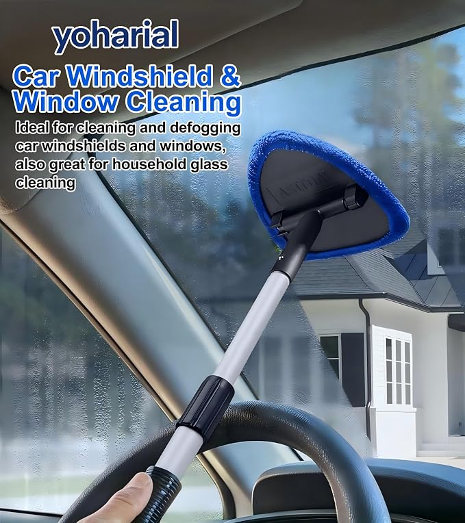 Telescopic Windshield Cleaner Microfiber Car Glass Brush Kit | 180° Rotatable Triangular Head, Scratch-Free Microfiber Pads, Extendable Pole For Hard-To-Reach Glass Areas