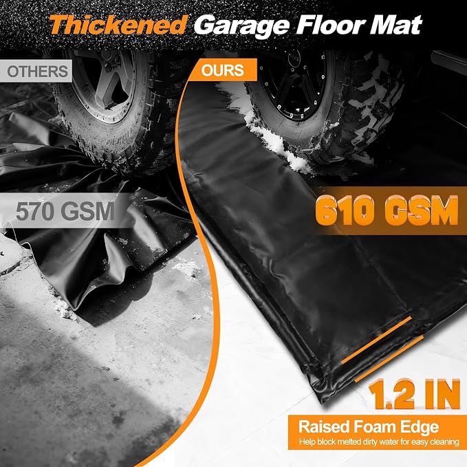 8'6" x 22' PVC Waterproof Garage Floor Mat with Floor Squeegee | Heavy Duty 1300D PVC Containment Mat, Waterproof Protection from Snow, Rain and Mud for Cars