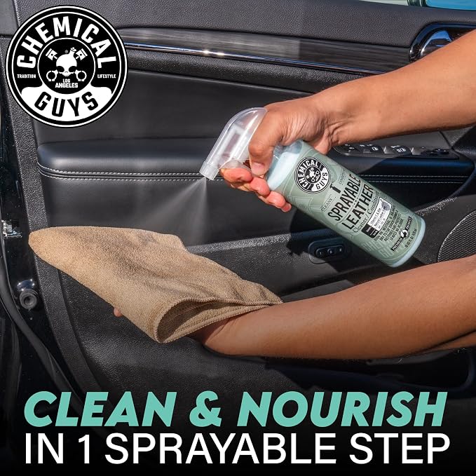 Chemical Guys SPI_103 Sprayable Leather Cleaner and Conditioner in One for Interiors, Apparel, and More (Works on Natural, Synthetic, Pleather, Faux Leather and More) Leather Scent, 128 fl oz (1 Gal) | One-step spray cleans and nourishes leather, vinyl...