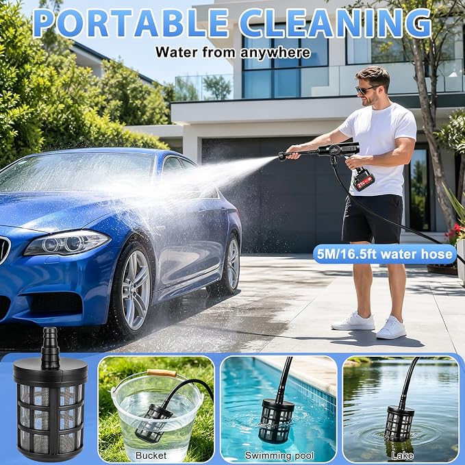 Cordless Portable Washer, Handheld Washer, Battery Operated Washer with 5M Elastic Hose for Car Home with Storage Box 80bar