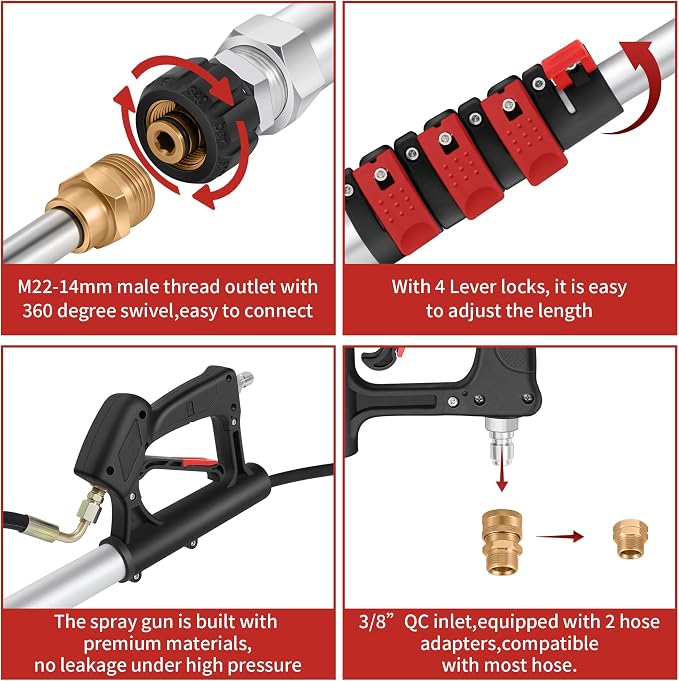 24 FT Telescoping Pressure Washer Wand - Gutter Cleaner Attachment with Power Washer Extension Wands, 7 Spray Nozzle Tips, 3 Hose Adapters, Brush and Support Belt