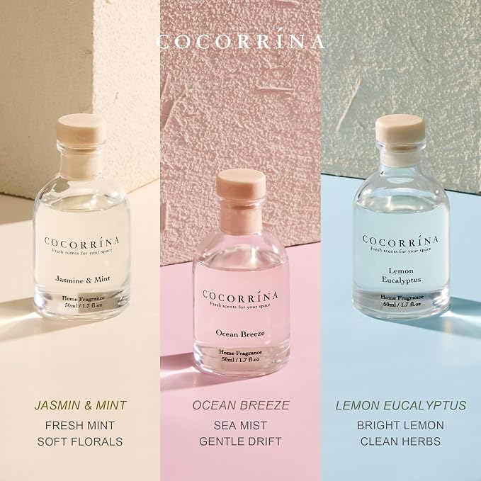 Reed Diffuser Set of 3 with Dried Eucalyptus for Home & Office | Lemon Eucalyptus/Jasmine & Mint/Ocean Breeze Scents, Aromatherapy Scented Oil Diffusers, 1.7 oz Each, Total 5.1 oz