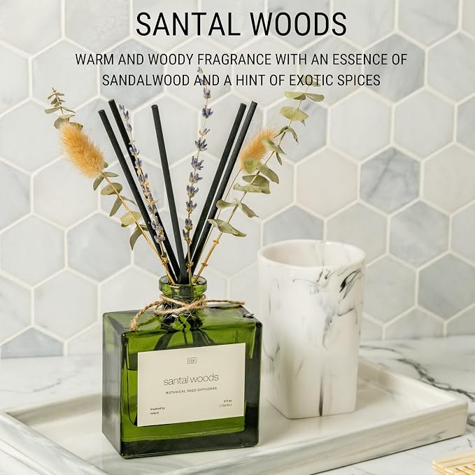 Craft & Kin Premium Santal Woods Reed Diffuser with Dried Flowers – 5 oz Essential Oil Diffuser for Home & Bathroom – Long-Lasting Fragrance Diffuser Sticks – Room Decor Air Freshener
