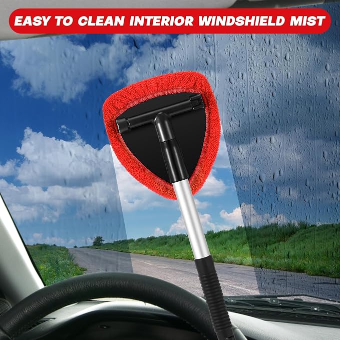 Potchen 8pcs Car Windshield Cleaner Tool with Extendable Handle, Red | with Microfiber Towel Pads, Brush, Empty Spray Bottle, Car Window Cleaner for Auto Glass Wiper Suvs Rvs & Home Windows