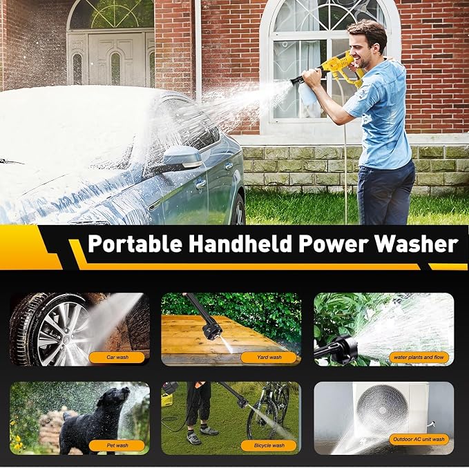 Cordless Portable Washer,1100PSI Cleaning Tool for Car/Patio/Garden | Draw Water From Bucket, Garden Hose or Fauce with 10-Speed Control, Battery Display and Adjustable 6-in-1 Spray Nozzle.