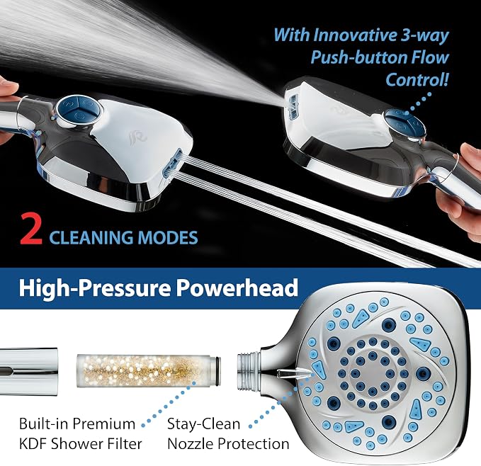 AquaCare High Pressure 10 Spray Mode Filtered Showerhead - Handheld Shower Head Filters Chlorine to Heal Dry Skin, Revive Hair - Dual Power Wash Cleans Tub, Tile, Pets - Hard Water Softener, Chrome