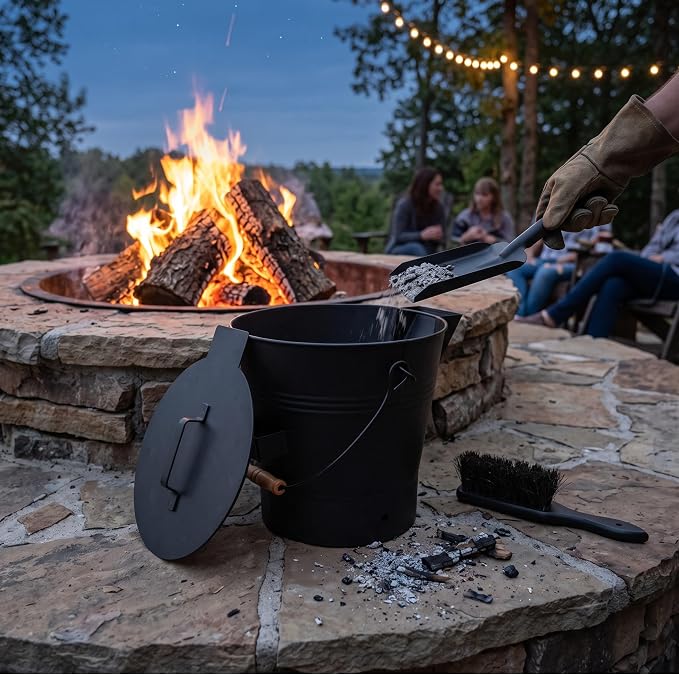 Wakeman Ash Bucket - Metal Bucket with Lid (2.11-Gallon), Broom, and Shovel for Fireplace or Firepit Ashes - Fireplace Tools (Black) - 1 Count