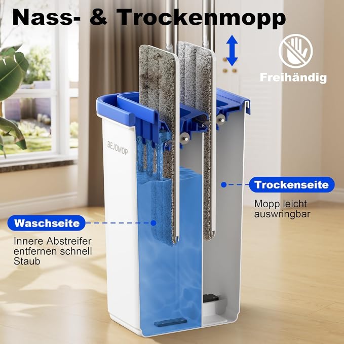 Mop and Bucket Set, Mops for Floor Cleaning with 60" Long Handle, Squeeze Flat Mop and Bucket System, Dry & Wet Dust Mop for Household Floor Cleaning with 5 Microfiber Mops, Slate Blue