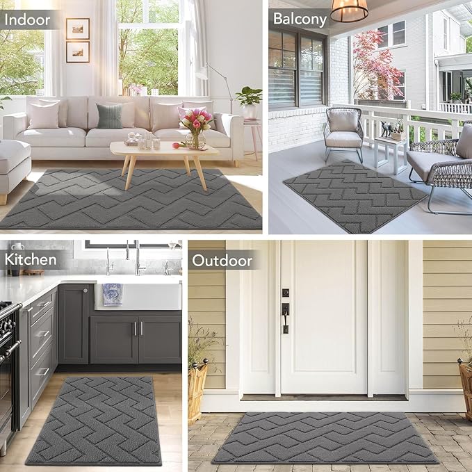 hicorfe Dirt Trapper Indoor Doormat,20"x31.5" Welcome Door mat,Non Slip Backing Washable Door Mats,Absorbent and Resistant Low-Profile Entrance Inside Floor Mat for Front Back Door and Entryway (Grey)
