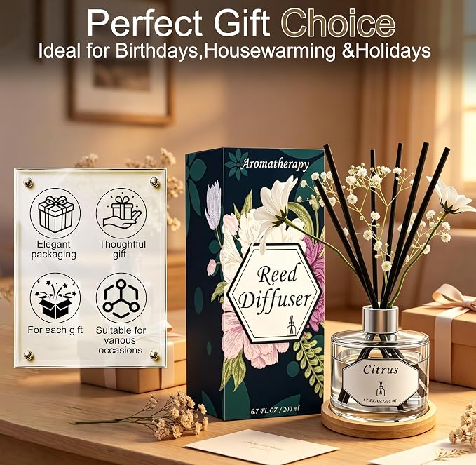 Citrus Reed Diffuser - 5.9 fl oz - Fragrance for Up to 90 Days - Reusable, Refillable Glass Holder - Includes 8 All-Natural Reed Sticks - Flame Free