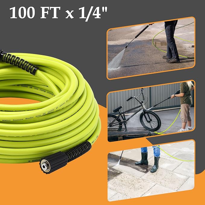 M MINGLE Pressure Washer Hose 100 FT x 1/4" - Replacement Power Wash Hose with Quick Connect Kits - High Pressure Hose with M22 14mm Fittings - 3600PSI
