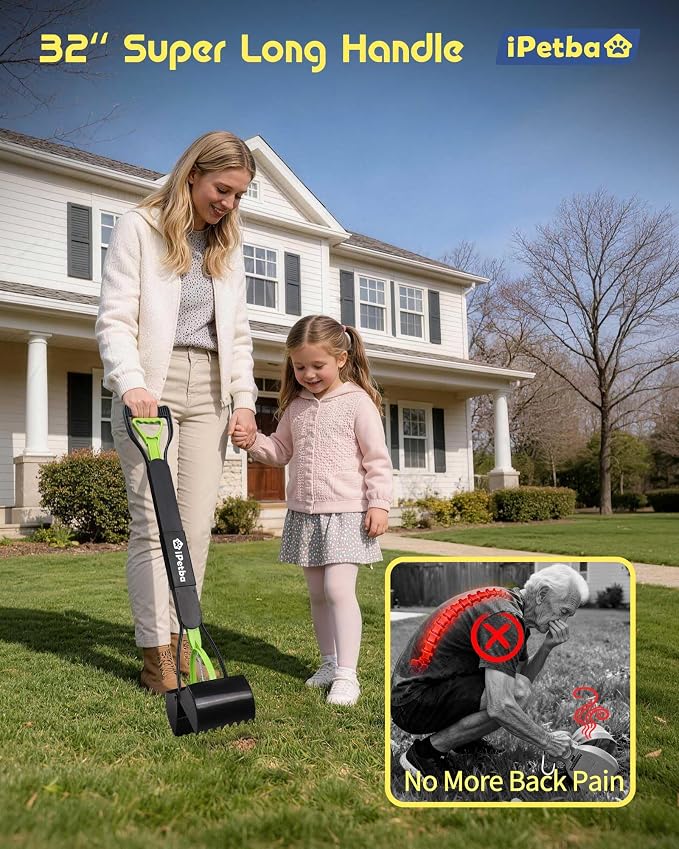 Large Dog Pooper Scooper for Yard, 32 inch Long Handle, No Bending | Save Back, Heavy Duty, Powerful Jaw Grip, One-Hand Operation, Mess-Free Pickup for Grass Gravel Concrete, Easy to Rinse