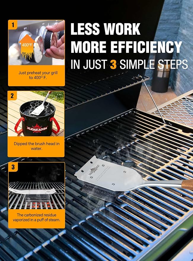 XUDKAKAIXIN Grill Brush Bristle Free,No Bristle Shedding,with Replacement Head,Unique Steel Fibers Pad Perfect for Cast Iron/Stainless-Steel Grates-,Grill Cleaner for Outdoor Gril