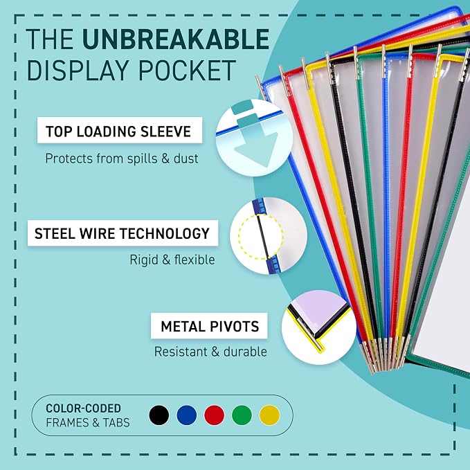 Tarifold Replacement Pivoting Pockets, Letter Size, Assorted, 10 Pack | 10 non-glare wire-reinforced polypropylene pockets hold 20 letter-size sheets, snap-on index tabs included, top-loading