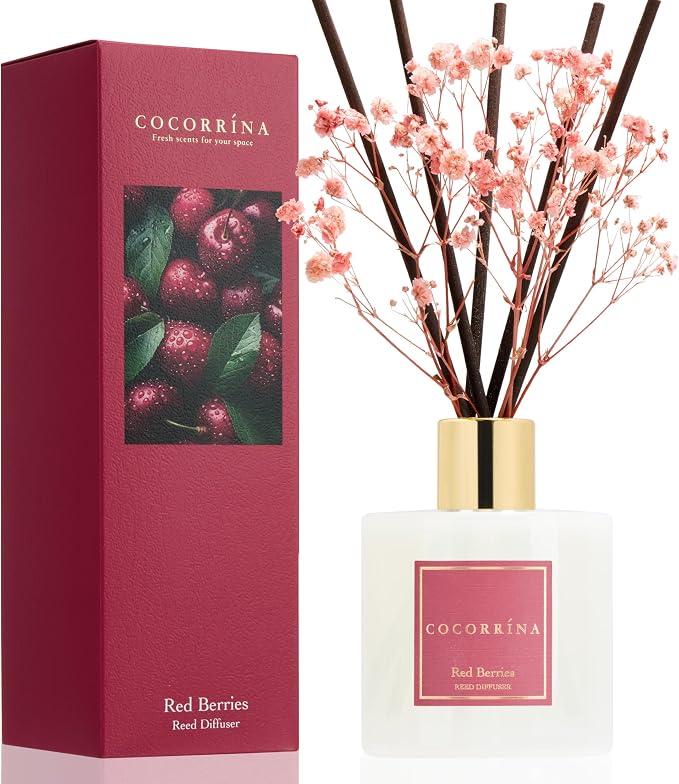 Reed Diffuser - Red Berries 6.7 fl oz Reed Diffuser with Sticks, Home Bedrrom Bathroom Shelf Decor