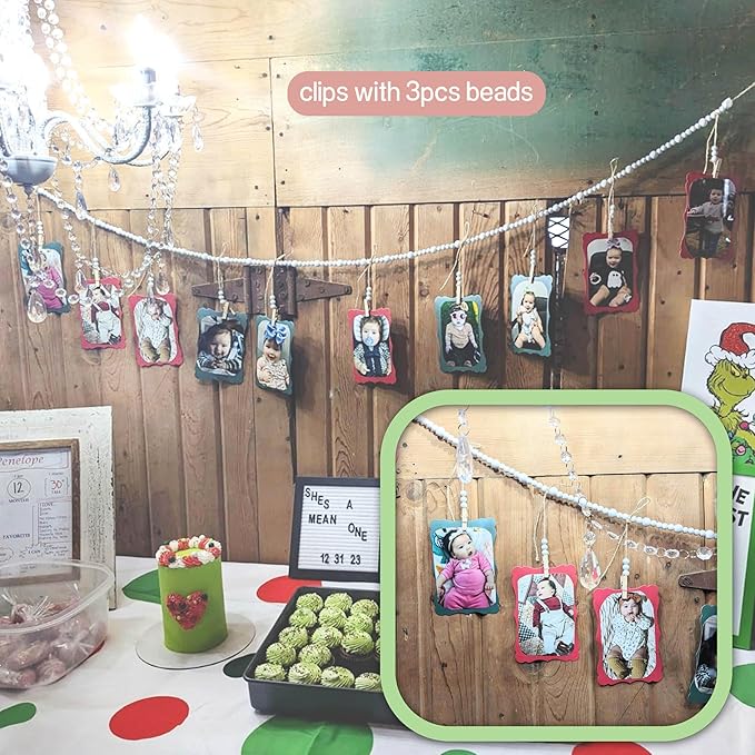 8 Feet Wooden Beads Garland with Clothespins Picture Cards Holder - Country Farmhouse Christmas Nursery Boho Holiday Decorations with Clips