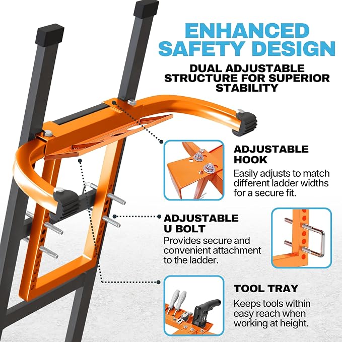 Heavy Duty Ladder Stabilizer with Tool Tray | 500 LBS Capacity, 34" Wide Steel Standoff Arms for Gutter Cleaning, Roofing & Wall Work, Fits Extension, Straight & Telescoping Ladders - Anti-Slip