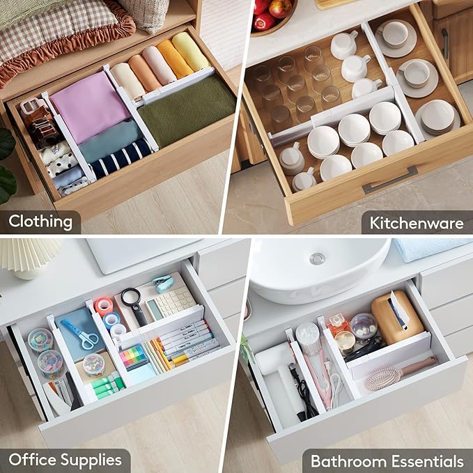 Lifewit 20 Pack Drawer Dividers 4" High, 11-17" Adjustable Dresser Drawer Organizers for Clothes, Expandable Dresser Separators in Bedroom/Bathroom/Kitchen/Vanity/Office Organization and Storage,White