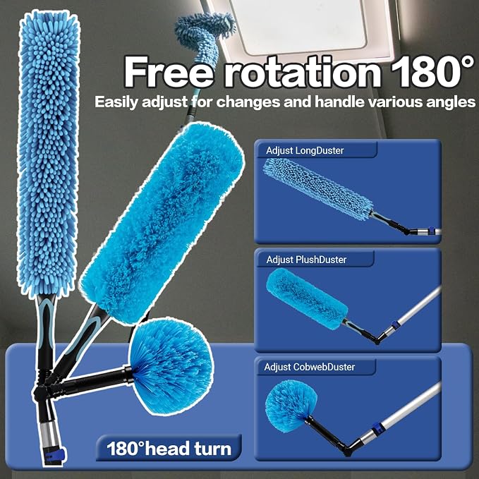 20FT High Reach Duster Cleaning Kit with 5-12 FTExtension Pole, High Ceiling Fan Cleaner Duster Tool for Fan Blades, Extendable Reusable Cobweb, Feather, Window Cleaning Squeegee Kit (12FT)