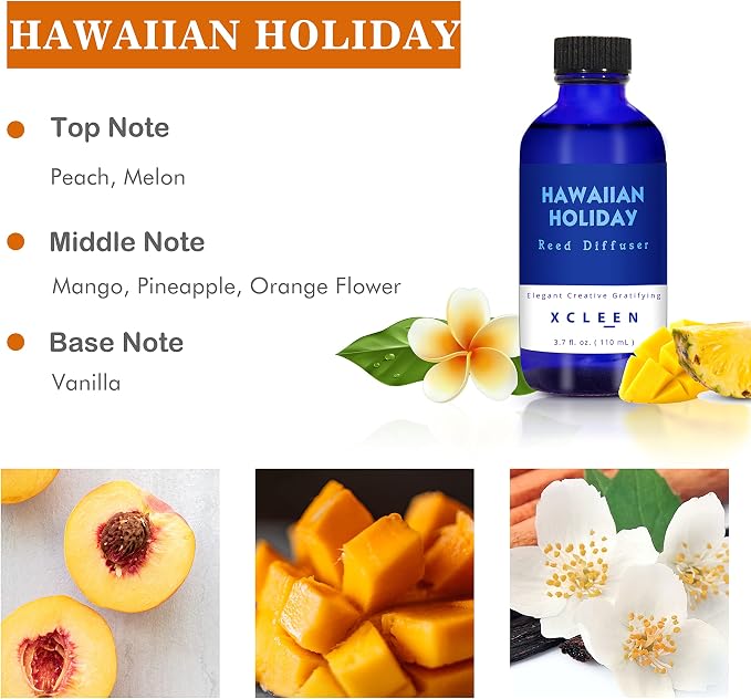 Xcleen Reed Diffuser Set for Home| 3.7 Oz(110ml) Hawaiian Holiday Fragrance Diffuser | with Mangoes, Pineapples, Peaches & Melons Scented Oil Sticks Diffuser, Air Fresheners for Home, Bathroom