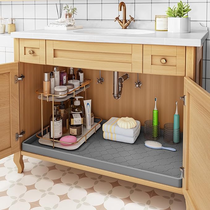 Jin&Bao Waterproof Under Sink Mat 19" x 19", Thick Silicone Mat Cabinet Protector for Kitchen and Bathroom, Shelf Liner, Home Organizer and Storage, Multipurpose Tray for Gadgets and Essentials