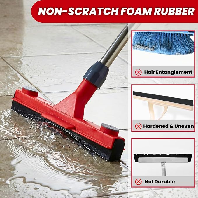 Floor Squeegee with 2 Replaceable Heads and Extendable 62" Long Handle | Double the Lifespan, 17" EVA Foam Blade, for Garage, Concrete, Tile, Patio, Pool, Shower & Uneven Surface Cleaning