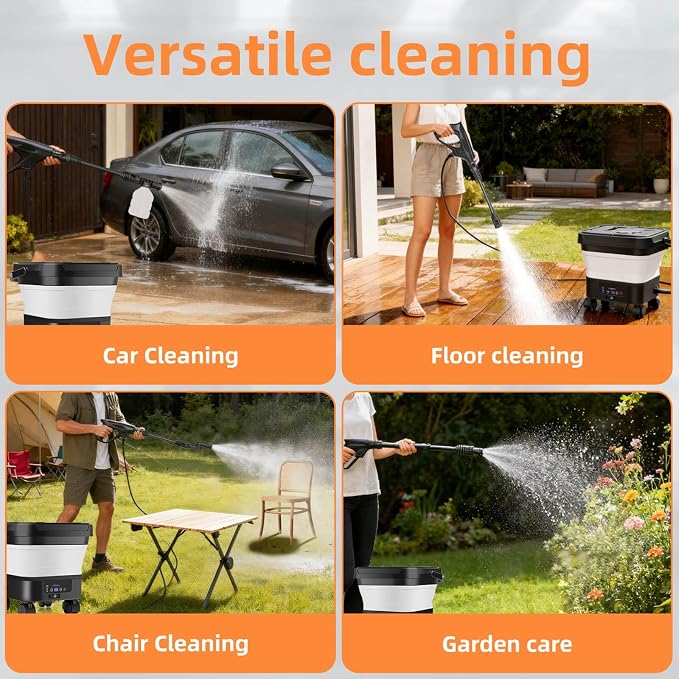 Portable Cordless Pressure Washer, 6-in-1 Nozzle Water Pressure Washer with 7 Adjustable Pressure Levels, Electric Power Washer with 3.4 Gallon Tank for Camping Patio Car Garden Cleaning