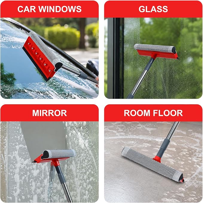 Professional Window Squeegee, 2-in-1 Window Cleaning Squeegee with Extendable Stainless Steel Handle (19.1"-36.6"), Sponge Window Squeegee, Suitable for Gas Stations, Glass, and Shower Cleaning