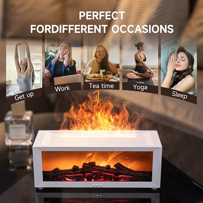 TMEHM Fireplace Flame Essential Oil Diffuser Humidifier, Aromatherapy | Ultrasonic Mist with 7 Colors and Timer for Home, Bedroom, Office, and Yoga