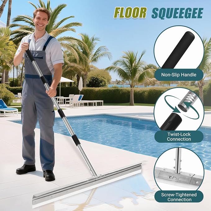 Heavy-Duty 33.4" Floor Squeegee for Concrete, Industrial Silicone Blade Squeegee for Floor with 63" Stainless Handle, Anti-Splash Curved Baffle Design for Garage, Factory, and Tough Cleaning Jobs