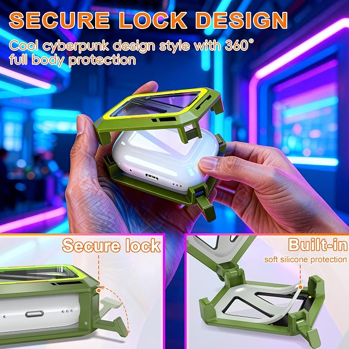 for AirPods Pro 3 Protective Case Cyberpunk Glow in Dark, Green | Compatible with Apple AirPods Pro 3rd Generation Protective Cover with Carabiner Shockproof Dustproof
