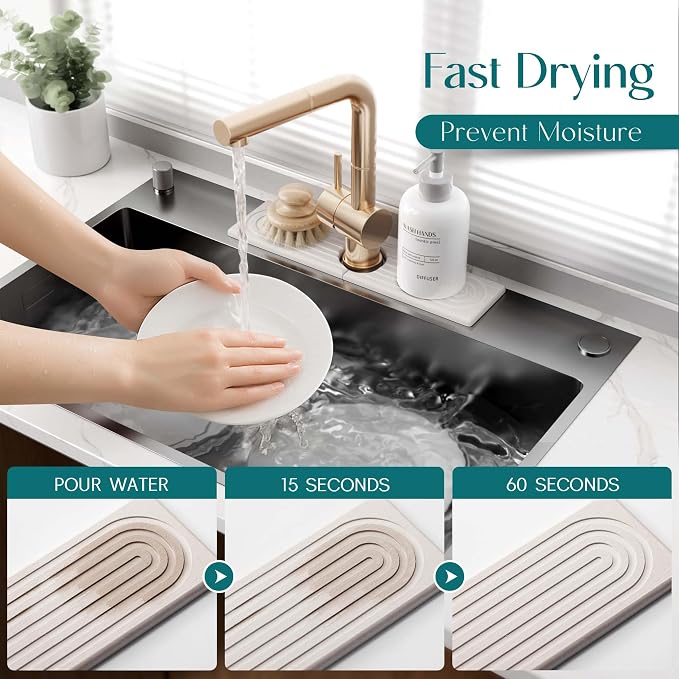 Eormoe Kitchen Sink Faucet Mat - 15.7in Diatomite Sink Protectors for Kitchen Sink, Stone Sink Splash Guard for Kitchen Counter Sink Accessories (Light Grey, 15.7'' x 3.9'')