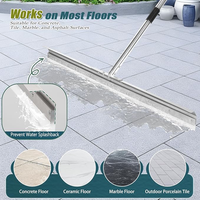 Heavy-Duty 33.4" Floor Squeegee for Concrete, Industrial Silicone Blade Squeegee for Floor with 63" Stainless Handle, Anti-Splash Curved Baffle Design for Garage, Factory, and Tough Cleaning Jobs