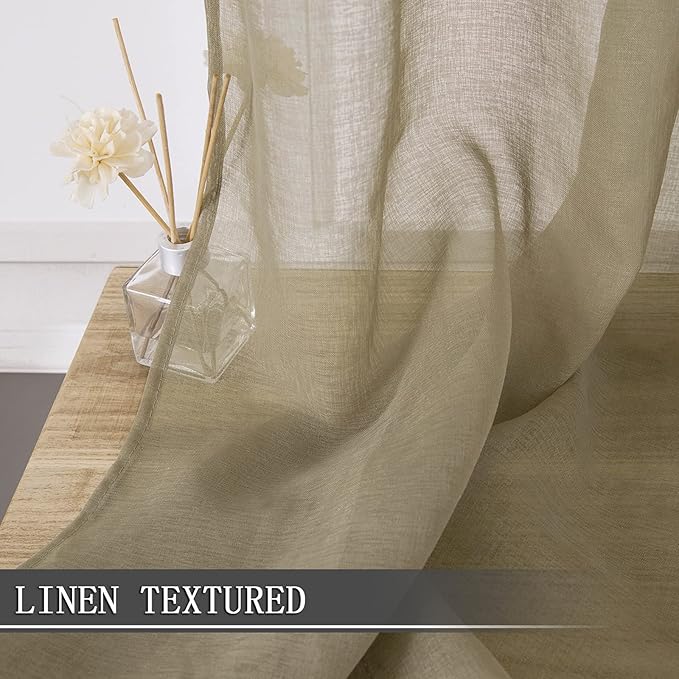 Tollpiz Sheer Curtains Living Room Linen Textured Curtain Sheers Light Filtering Voile Rod Pocket Curtains for Bedroom, 38 x 63 inches Long, Taos Taupe, Set of 2 Panels