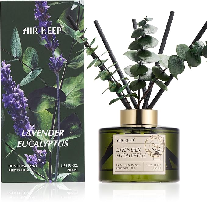 Reed Diffuser Set with 6.76 fl oz Lavender Eucalyptus Scent Essential Oils and 3 Leaves & 8 Diffuser Sticks,Bathroom Shelf Decor & Air Freshener, House Bedroom Office Decor & Gifts