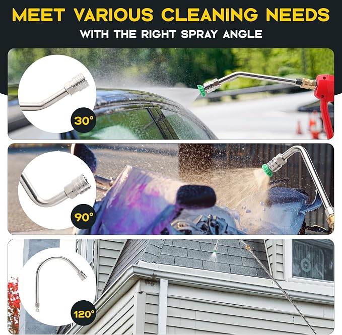 Pressure Washer Extension Wand with Gutter Cleaner Attachment, 30° 90° 120° Curved Rods, 1/4" Quick Connect Power Washer Lance, 4000 PSI